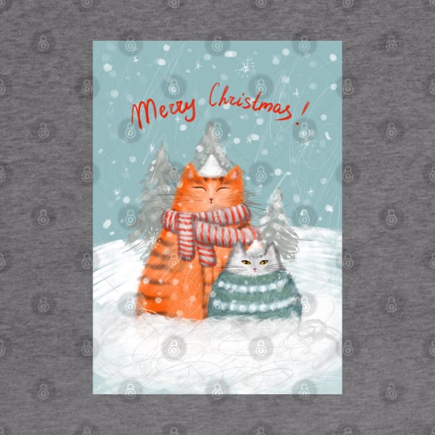 Merry Christmas greeting winter card with cute fluffy cats in red Santa hats and scarves. by Olena Tyshchenko